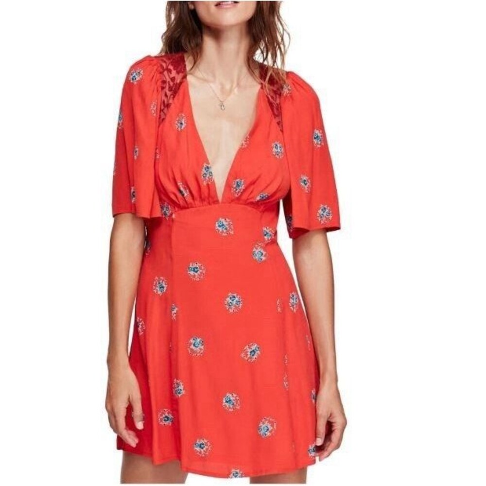 Free People Mockingbird Dress 6 Backless Mini Orange Red Lace Flirty Floral Boho - Picture 16 of 16